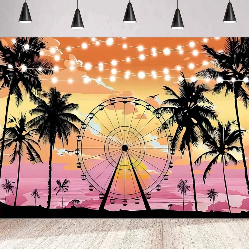 Summer Seaside Ferris Wheel Photography Backdrop Hawaiian Seaside Sunset Palm Tree Silhouette Tropical Beach Background Wall