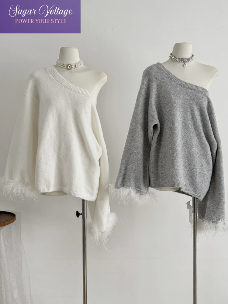 

Осенний винтажный модный мягкий свитер Harajuku Y2K, женский свободный крой, топы с длинным рукавом и разрезом на шее, повседневные элегантные шикарные пуловеры в стиле ретро