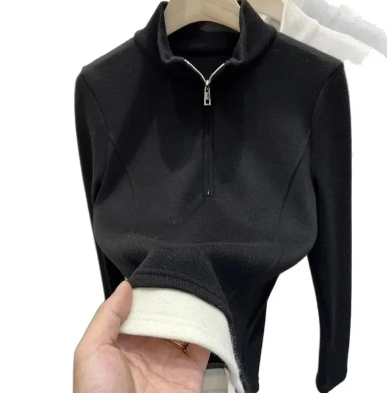 

Autumn Winter Women's Long Sleeve T-Shirt Stand Collar Half Zipper Slim Fit Velvet Base Shirt