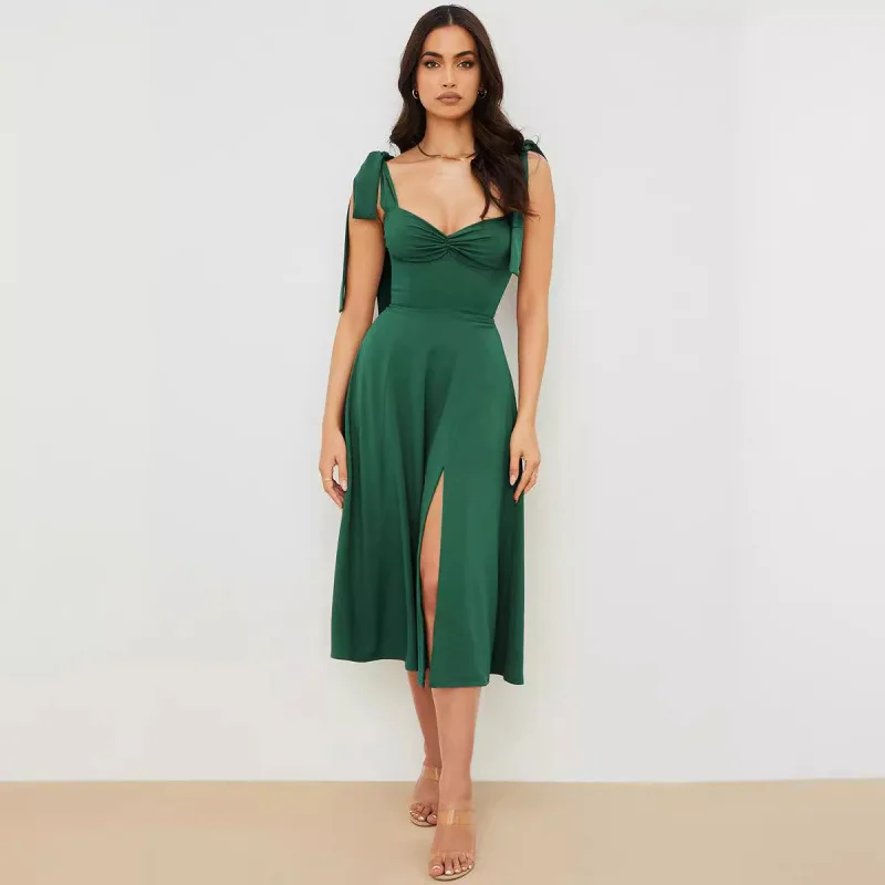 

European and American Style Sexy Camisole Printed Lace-up Irregular A-line Dress with Lining