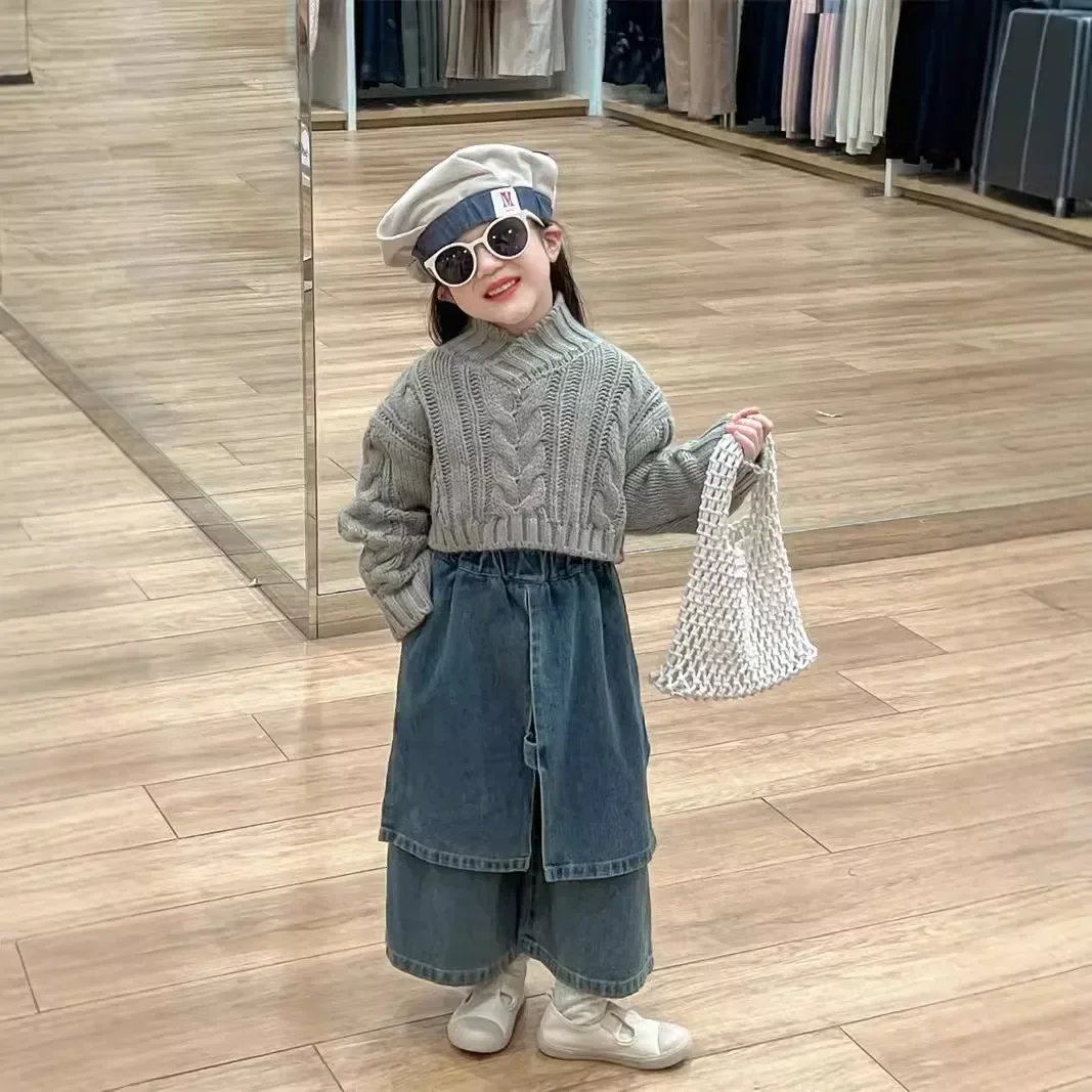 Baby Girls sweater Retro Pullover Knitted Sweater Fashion Pants 2024 Autumn New Korean Style Childrens Clothes