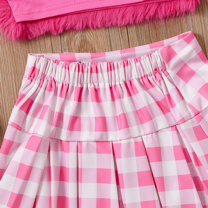 Kids Girl Summer Outfit Casual Plush Sleeveless Camisole Elastic Plaid Pleated Skirt with Crossbody Bag Set for Toddler