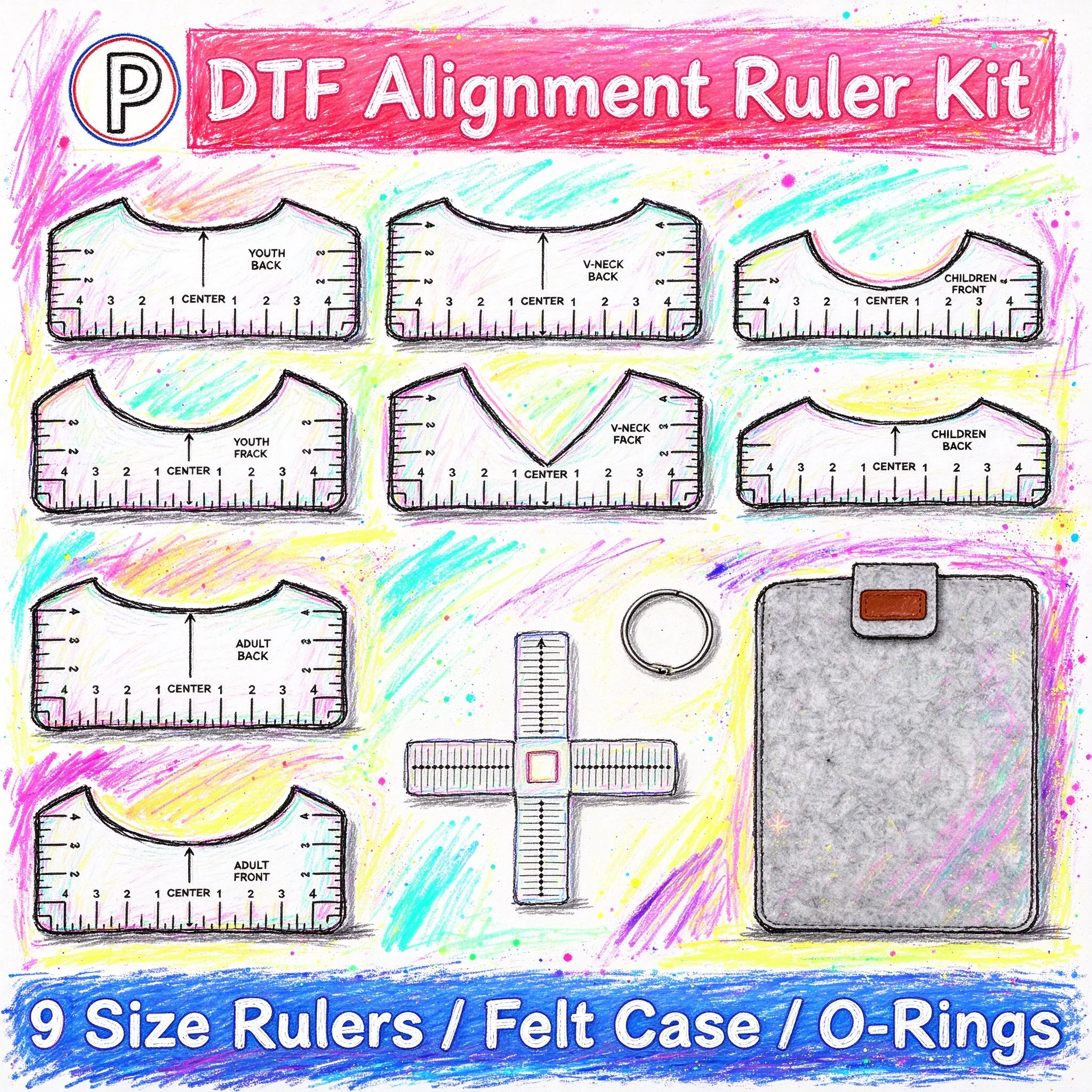 Newest DTF DTG Vinyl Alignment Ruler Kit with Felt Case Heat Press Measurement Tool Centering X-Ruler V-Neck PVC Ruler