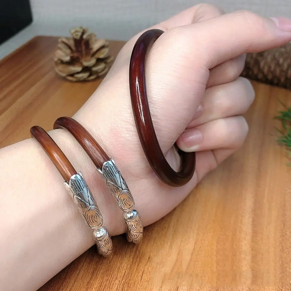 Ethnic Style Rosewood Bracelet Tibetan Silver Adjustable Opening Bangles Vintage No Knot Chicken Spatholobi Bracelet Jewelry