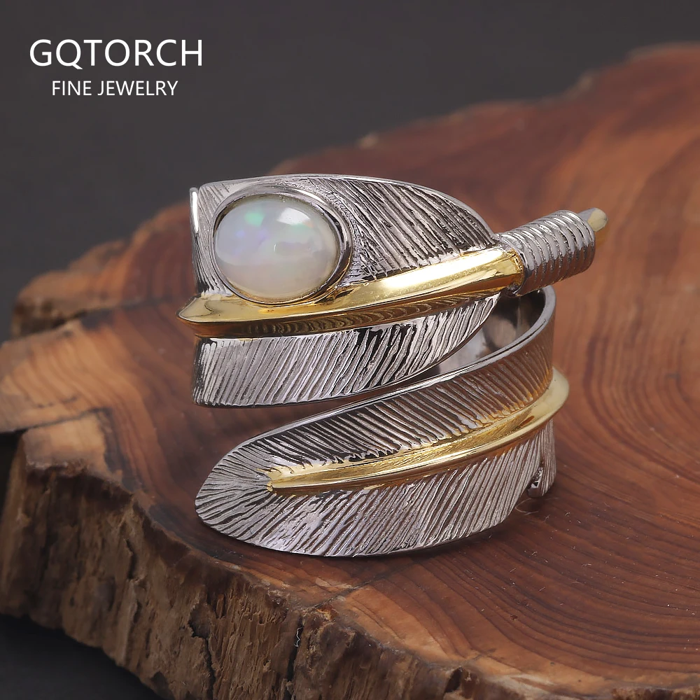 S925 Sterling Silver Vintage Leaf Feather Ring with Natural Oval Opal Two-tone Open Rings for Women Size 9-11