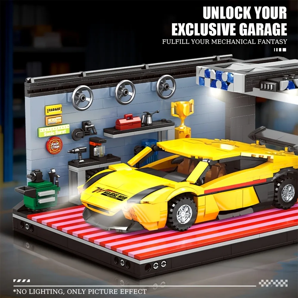 1209pcs, Sports Car Garage Building Block Set, Desktop Vehicle Model Decoration, Suitable for Gifts and Collections