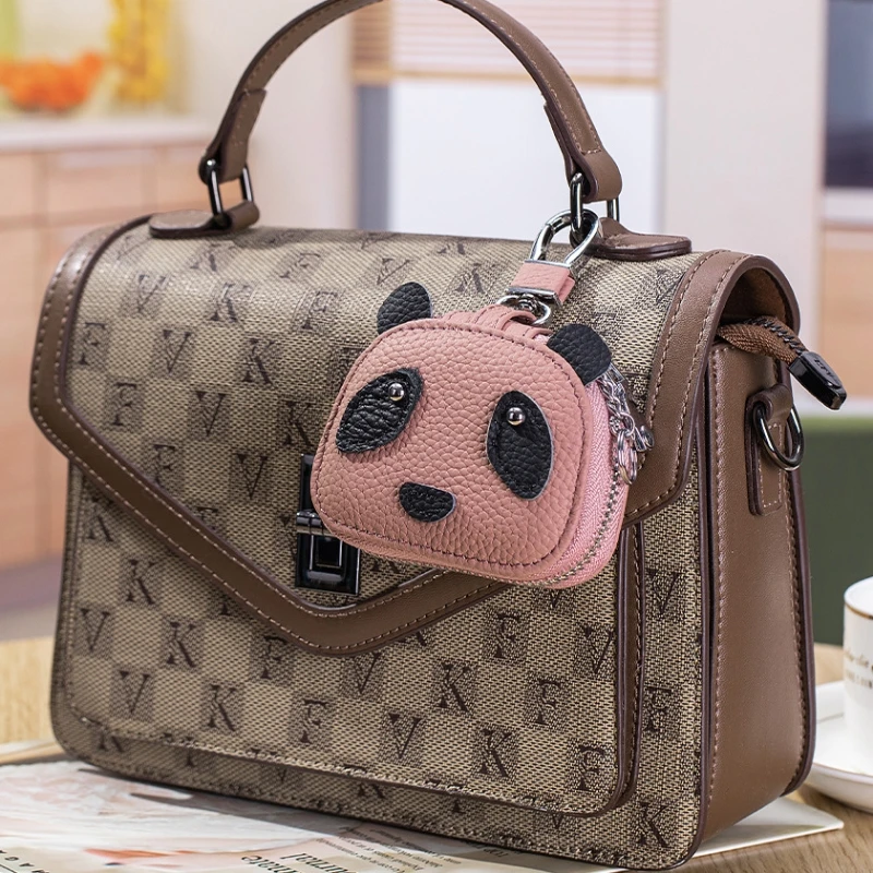 New model panda leather small key case, top-grain cowhide strap, universal lockable key case