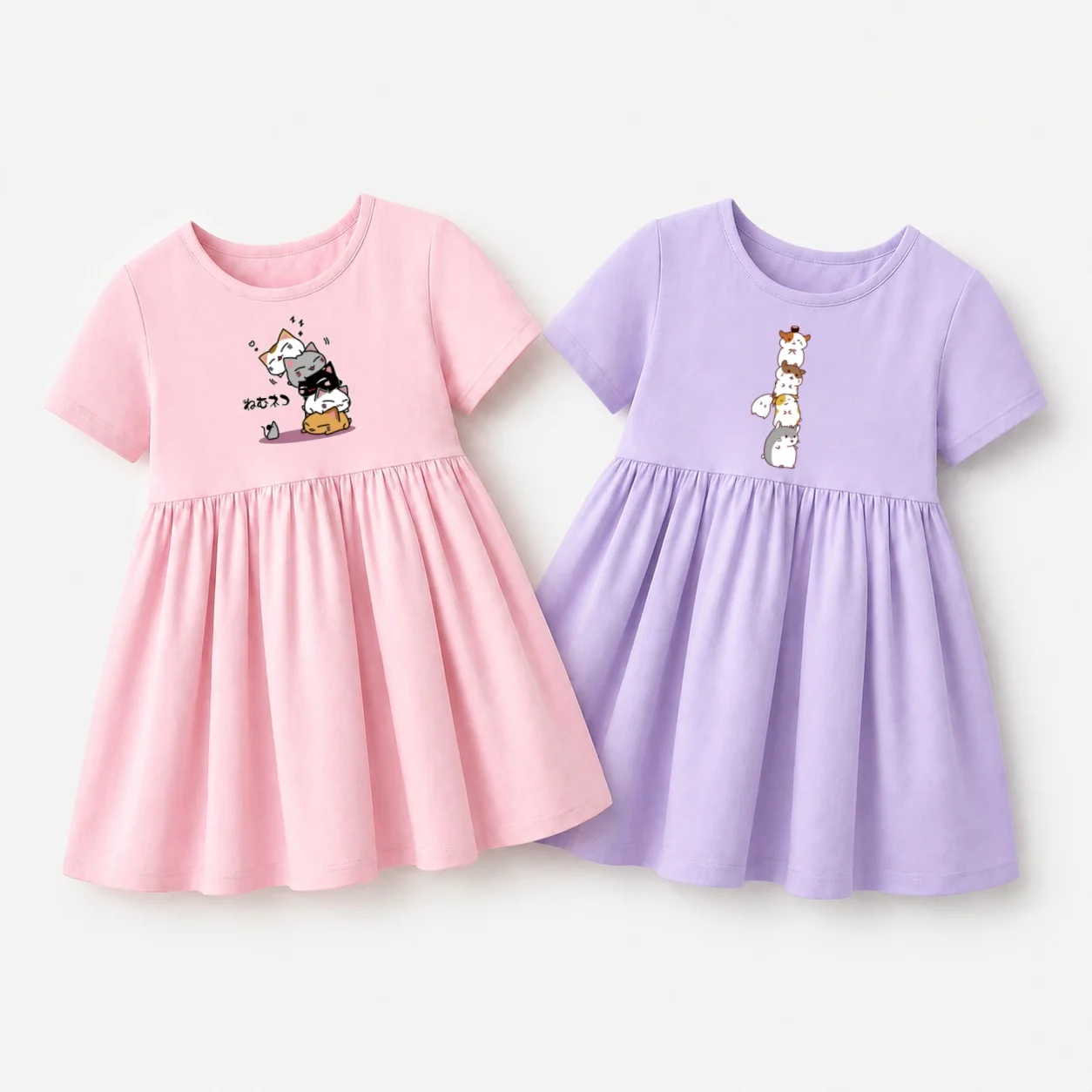 Süßes und lustiges Katzenkleid für Kleinkinder, Mädchen, kurzärmelige Baumwollkleidung, Kleider mit Maus-Cartoon-Aufdruck, 3–14 Jahre