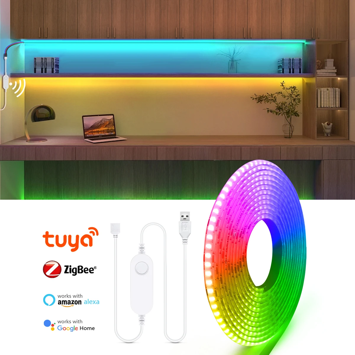 

Контроллер Zigbee 3.0 для светодиодных лент COB с управлением через приложение, USB, регулировка яркости, RGB/белый/WW/NW, совместимость с Alexa и Google Voice Assistant