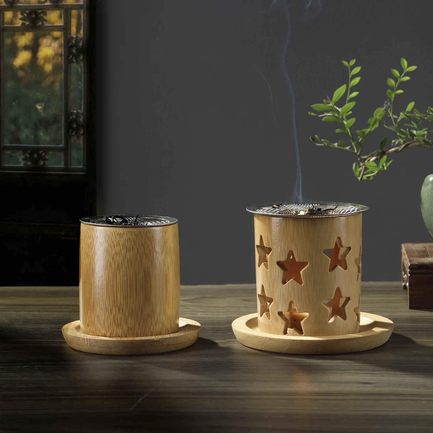 Bamboo Candle Holder Aromatherapy Heating Holder with Stainless Steel Strainer Incense Burner for Yoga SPA Aromatherapy