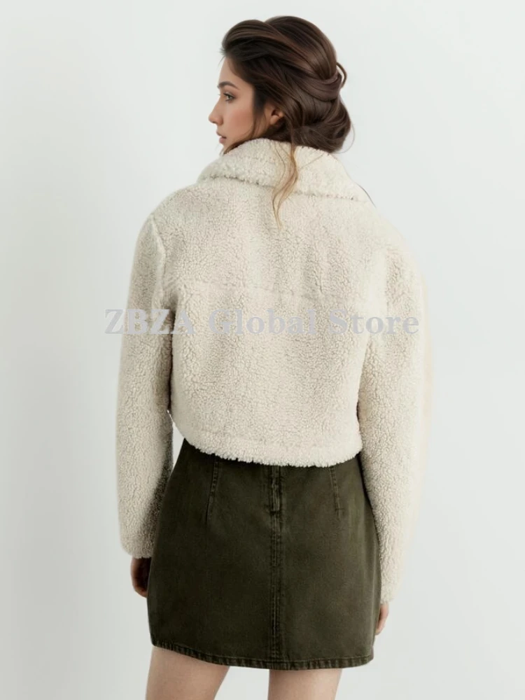 ZBZA Women Thick Warm Faux Fur Jacket Coat Vintage Long Sleeve Lapel Patch Pocket Hidden Button Loose Outerwear Winter Lady Coat