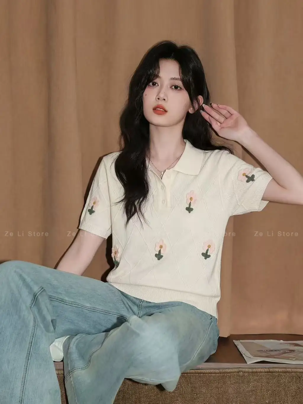 Apricot Collar Short-sleeved Knitting Shirt for Women 2026 Summernew Arrival Ice Silk Sense of Design Stereo Flower Shorttops