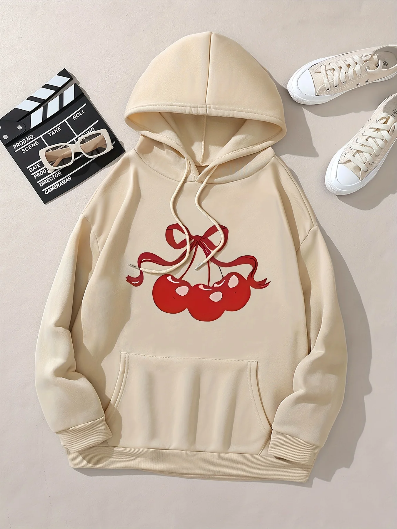 Women Bow & Three Cherries Print Drawstring Hoodie Casual Sport Sweatshirt With Kangaroo Pocket