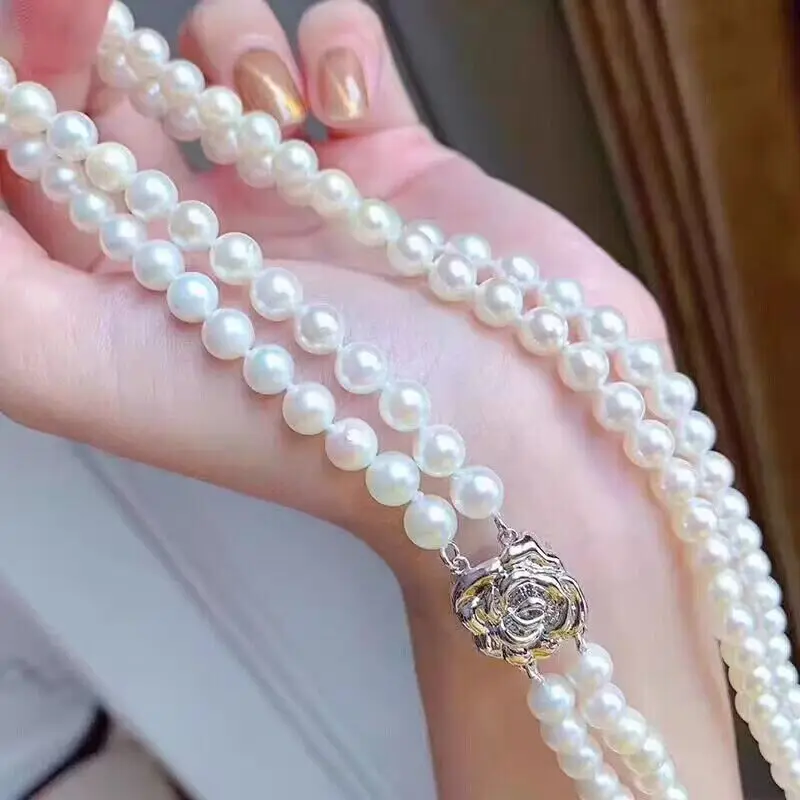 18-19 "cantik AAAA 7-8mm Laut Selatan kalung mutiara putih dengan 925 perak