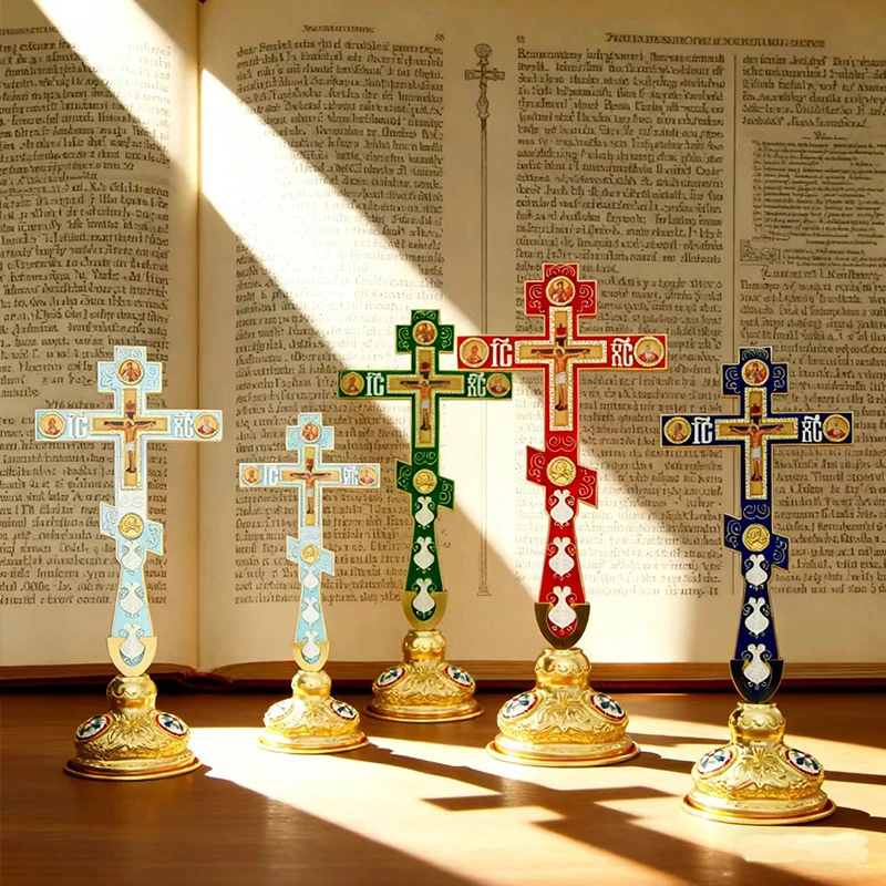 Neues Orthodoxes Kruzifix, vergoldetes Standkreuz mit religiösen Porträts, christliche Altardekoration für Zuhause, orthodoxes Geschenk – Detail 13