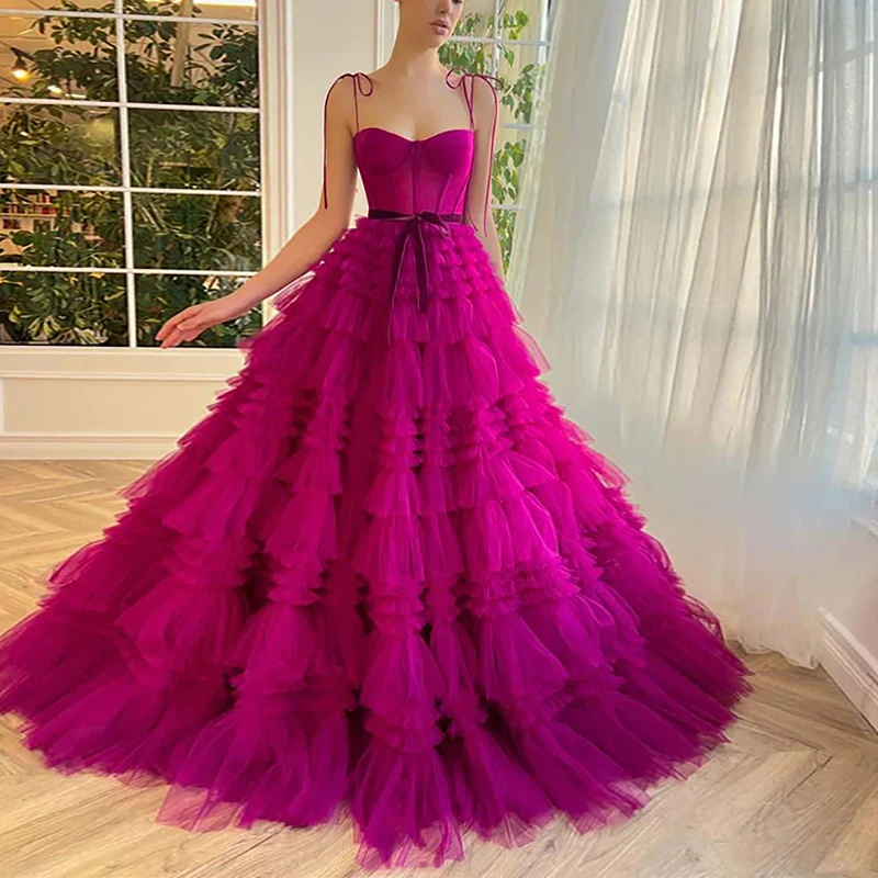 Sexy Fuchsia Prom Dresses Straps Sweetheart Floor Length Ruffled Skirt Tulle Prom Evening Gown Popular Birthday Party Dress