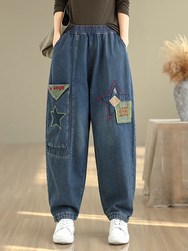 

Retro Embroidered plus Size Denim Jeans Women's Casual Loose Slimming Nine Point Harlan Pants Long Cotton Straight Leg High W...