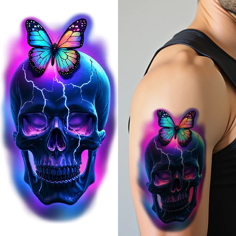 

3pcs Temporary Tattoo Realistic Temporary Tattoos Skull With Blue Flowers Skull With Dreadlocks Skull With Crow For Women