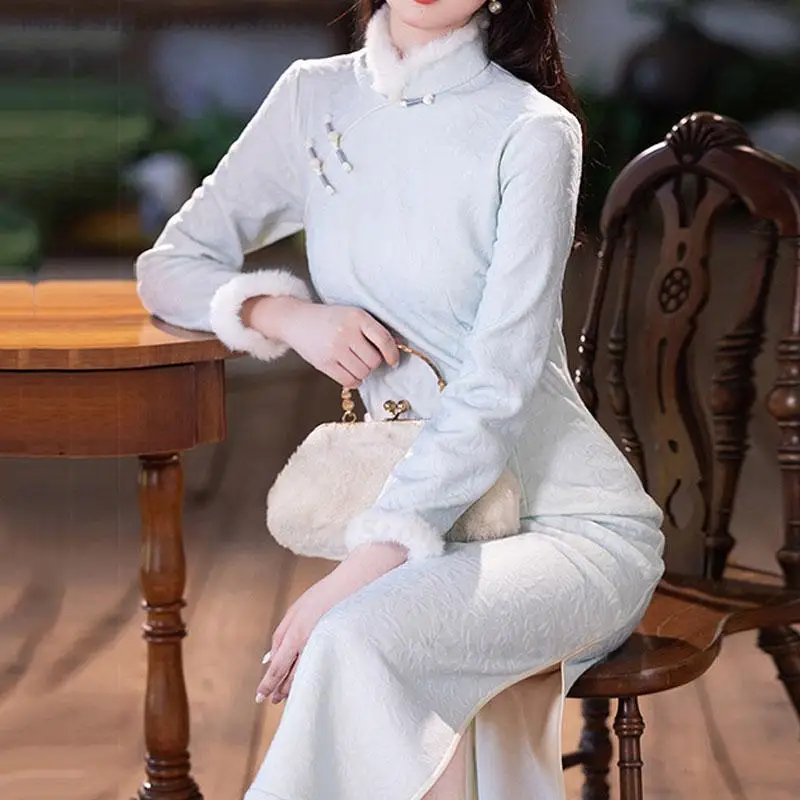 Women's Fleece Lined Qipao, Stand Collar Frog Button Cheongsam, Long Sleeve Vintage Evening Dress, Traditional Chinese Clothing