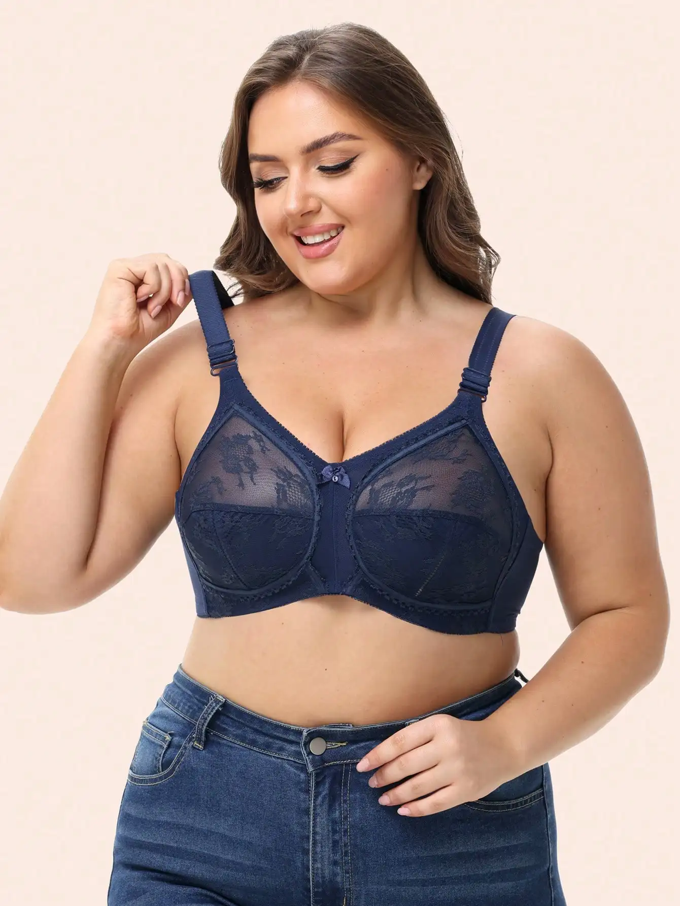 

Navy Blue Sheer Lace Wireless Bra with Adjustable Straps, Plus Size