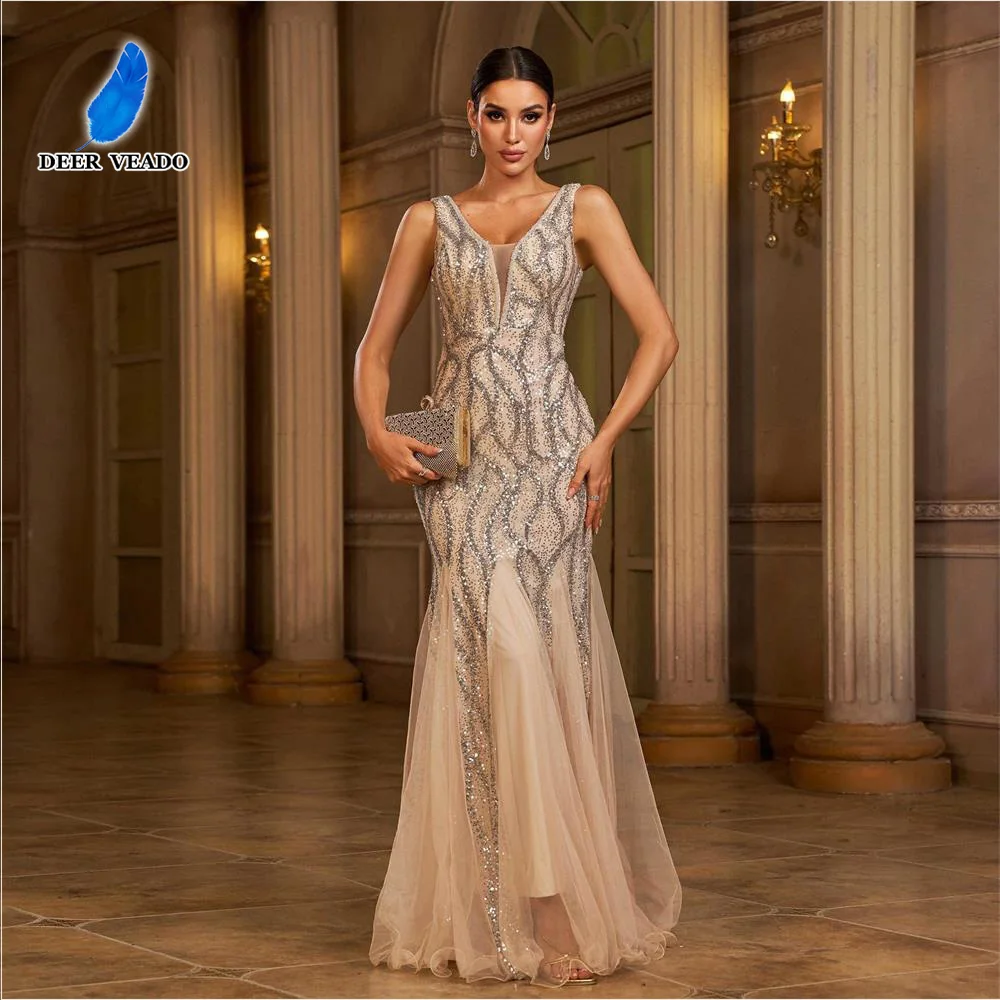 

DEERVEADO 10-цветные женские вечерние платья русалки с глубоким v-образным вырезом и блестками и бусинами, платье для торжественных случаев, платья для выпускного вечера