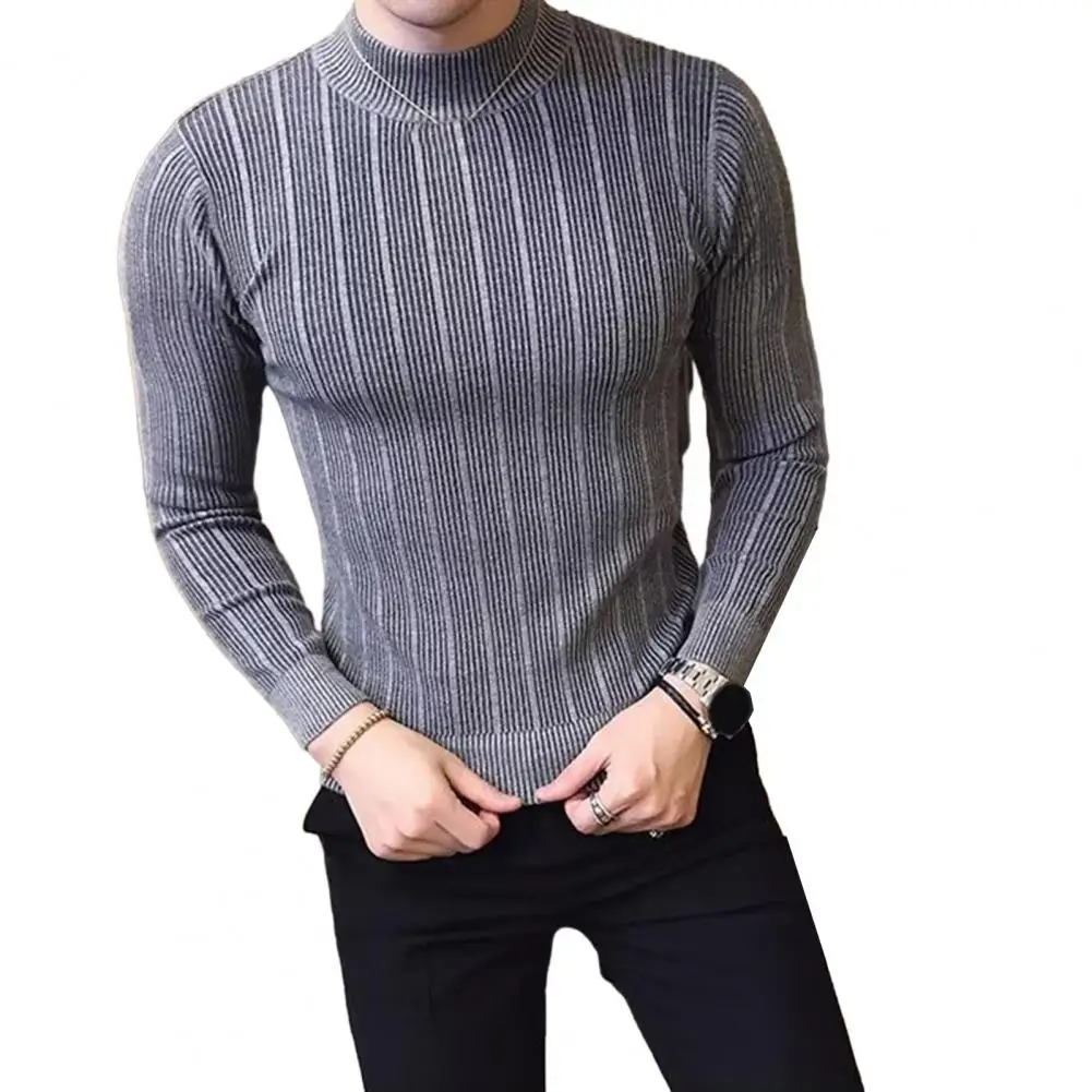 Autumn Men Sweater Half-high Collar Knitted Elastic Solid Color Striped Texture Long Sleeve Pullover Men Bottoming Top Sweater