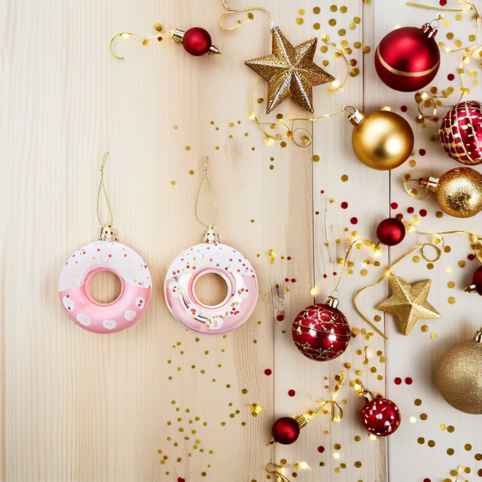 

4Pcs Donut Hanging Christmas Tree Candy Dessert Ornaments Set for Holiday Party Decorations Rose Gold Donut Tree Topper