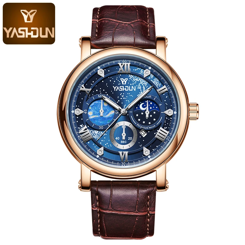 

Top Brand New Watches For Man Leather Strap Sun Stars Chronograph Quartz Watch Original Waterproof Sports Wristwatch montres