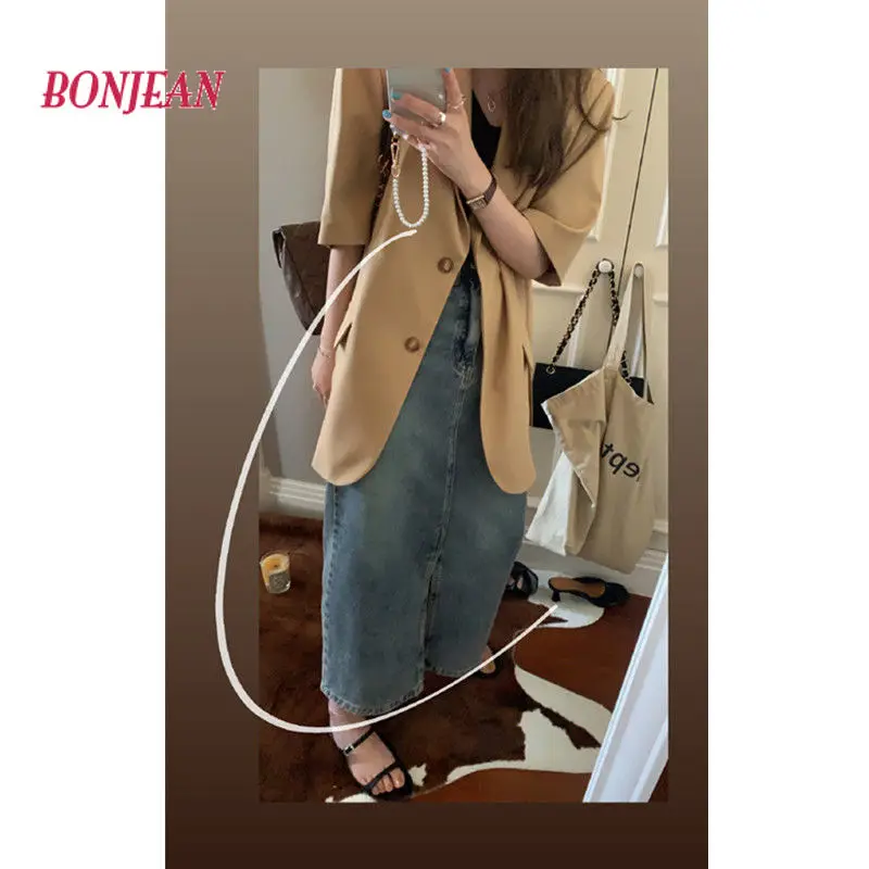 Fashion Retro Long Summer Spring Denim Skirts Girls High Waist Button Loose Pockets Split Jeans Straight Maxi Denim Skirts 2022