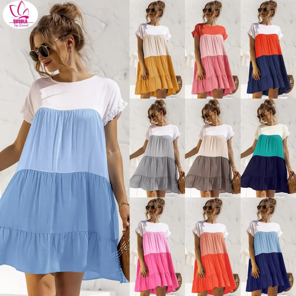 

SUSOLA Summer Dress Loose Party O-Neck Ruffled Short Sleeve Casual Women Trend Cupcake Dresses Vestido Playa Mujer