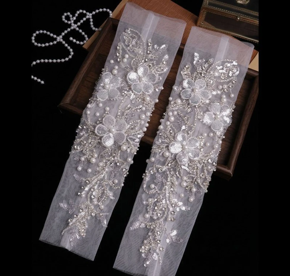 Luxury Bridal Gloves For Wedding Women Fingerless Elbow Covers Pearl Beads Embroidery Long Gloves For Bride Wedding Accessories