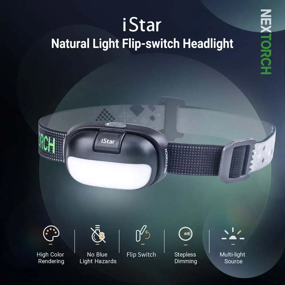 Nextorch iStar Natural-white Headlamp/Flashlight, Spot/Flood/Red Light, SGS Authoritative Test, Not Harm the Eyes, Flip-switch