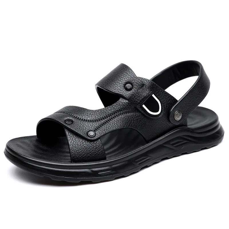 

Summer New Designer Leather Sandals for Man Solid Color Two Wear Slipper Shoes Male Fashion Casual Beach Dad Sandals Man