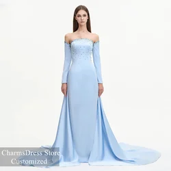 Sky Blue Evening Dress Customized Strapless Full Sleeves Beading Arabian Party Gown Sweep Train Prom Dresses Vestido De Festa