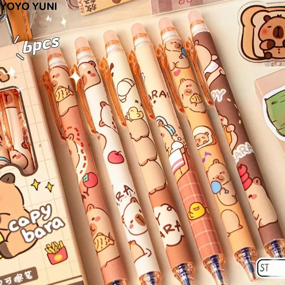 

6PCS Quick-Drying Kawaii Capybara Erasable Pen Cartoon Blue Ink Cute Writing Pen Aesthetic 0.5mm Gel Pen School