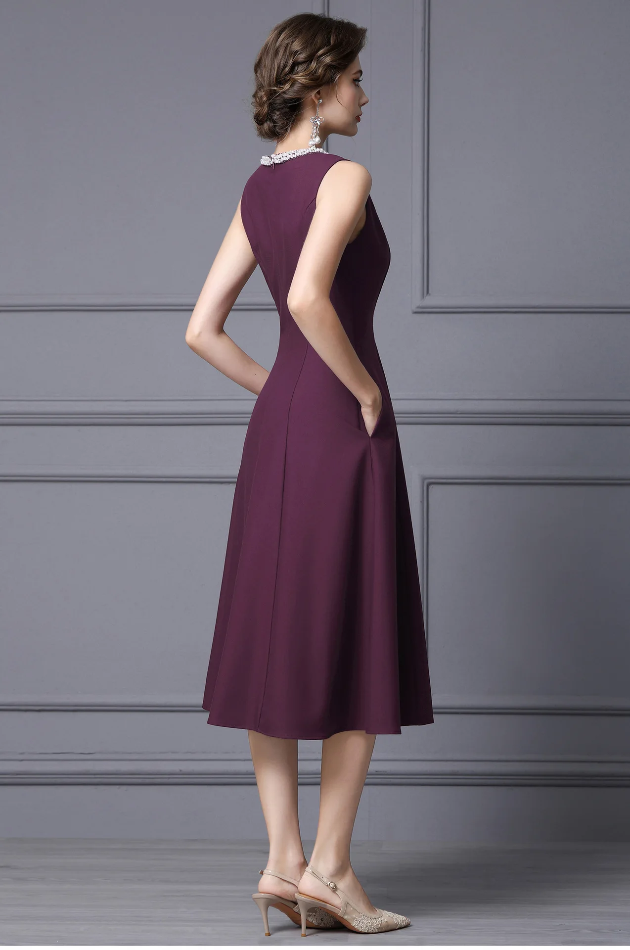 ZJYT 여성용 비딩 O넥 민소매 베이직 드레스 가을 신상 2025 패션 솔리드 미디 탱크 캐주얼 파티 드레스 여성 의류