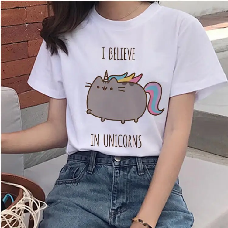 Kawaii Pusheen Cat T-shirt Women's Harajuku Ulzzang Funny T-shirt Cartoon Print Short Sleeve Aesthetic Clothes  Women Clothes