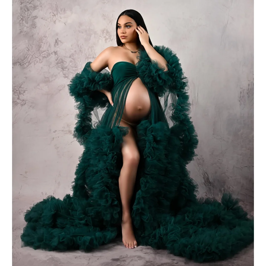 

Зеленые платья для выпускного вечера с оборками, тюлевое платье для беременных, индивидуальное платье с вырезом сердечком в стиле бохо, платье de novia, длинный реквизит для фотосъемки