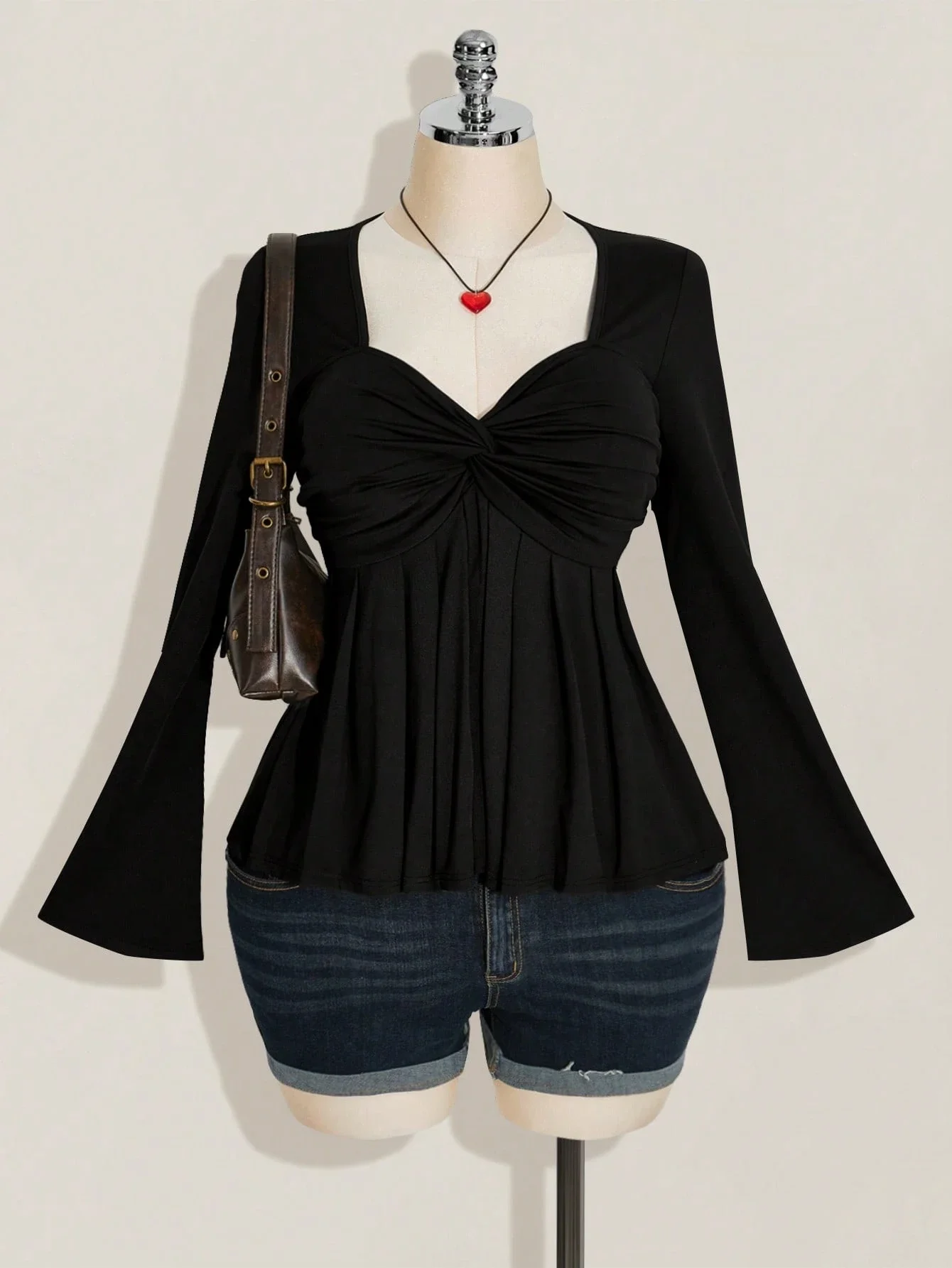 

Black Chest Twist Knit Top Women Plus Size Babydoll Top Y2k Style