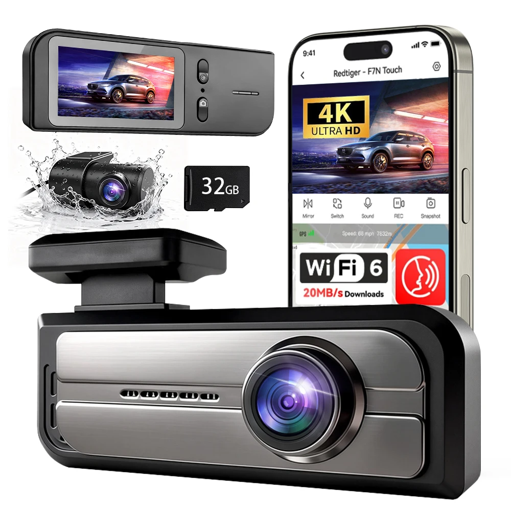 Dual Dash Cam, 4K UHD Car Camera DVR, Built-in WiFi, Night Vision, 24H Parking Monitor Video Recorder, 2 inch Display, G-Sensor