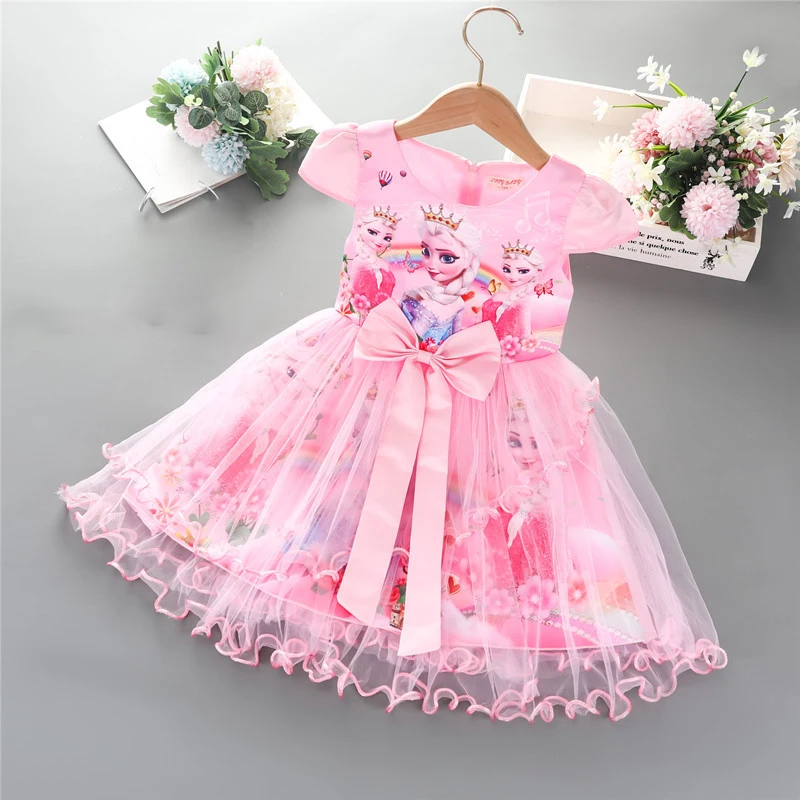 2024 Summer Frozen Elsa Anna Princess Dress for Girls Pretty Korean Kid Birthday Party Costume Vestidos Bow Tie Outfits Clothing