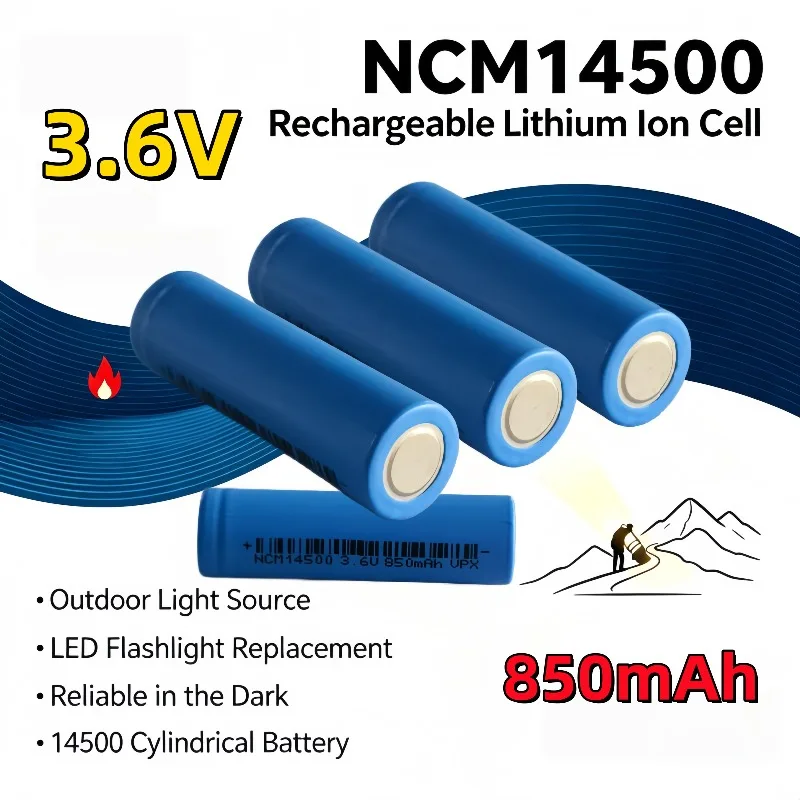 NCM14500 Lithium Ion Rechargeable Battery 3.6V 850mAh, Fit for LED Headlamps, Mini Fans, Electric Shavers & RC Vehicles