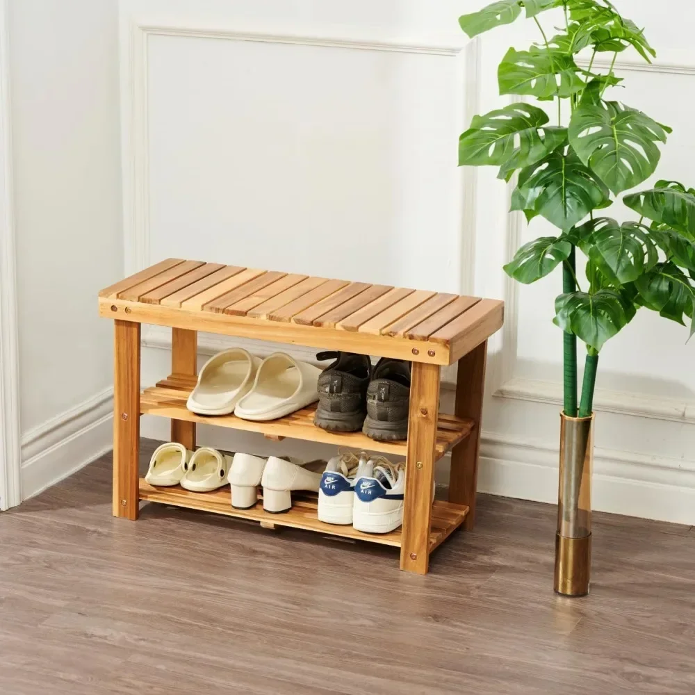 

Wooden Shoe Rack Bench, 3-Tier Sturdy Shoe Organizer, Acacia Wood Shoe Shelf, 300 LBS Load Capacity, Perfect for Entryway