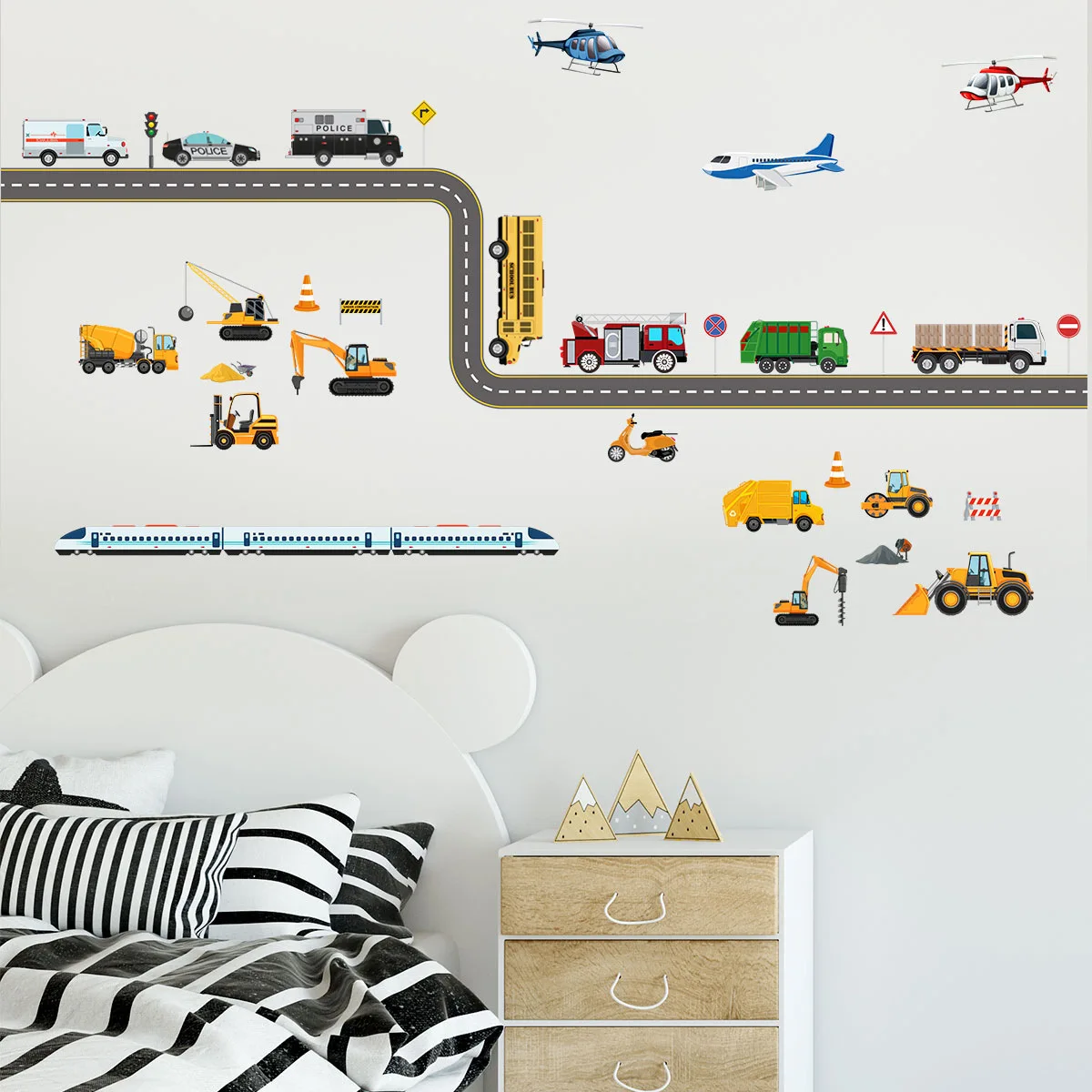 2pcs Car Cartoon Wall Sticker Aircraft Engineering Car Kindergarten Children\'s Room Bedroom Decoration Mural Pvc Wall Sticker