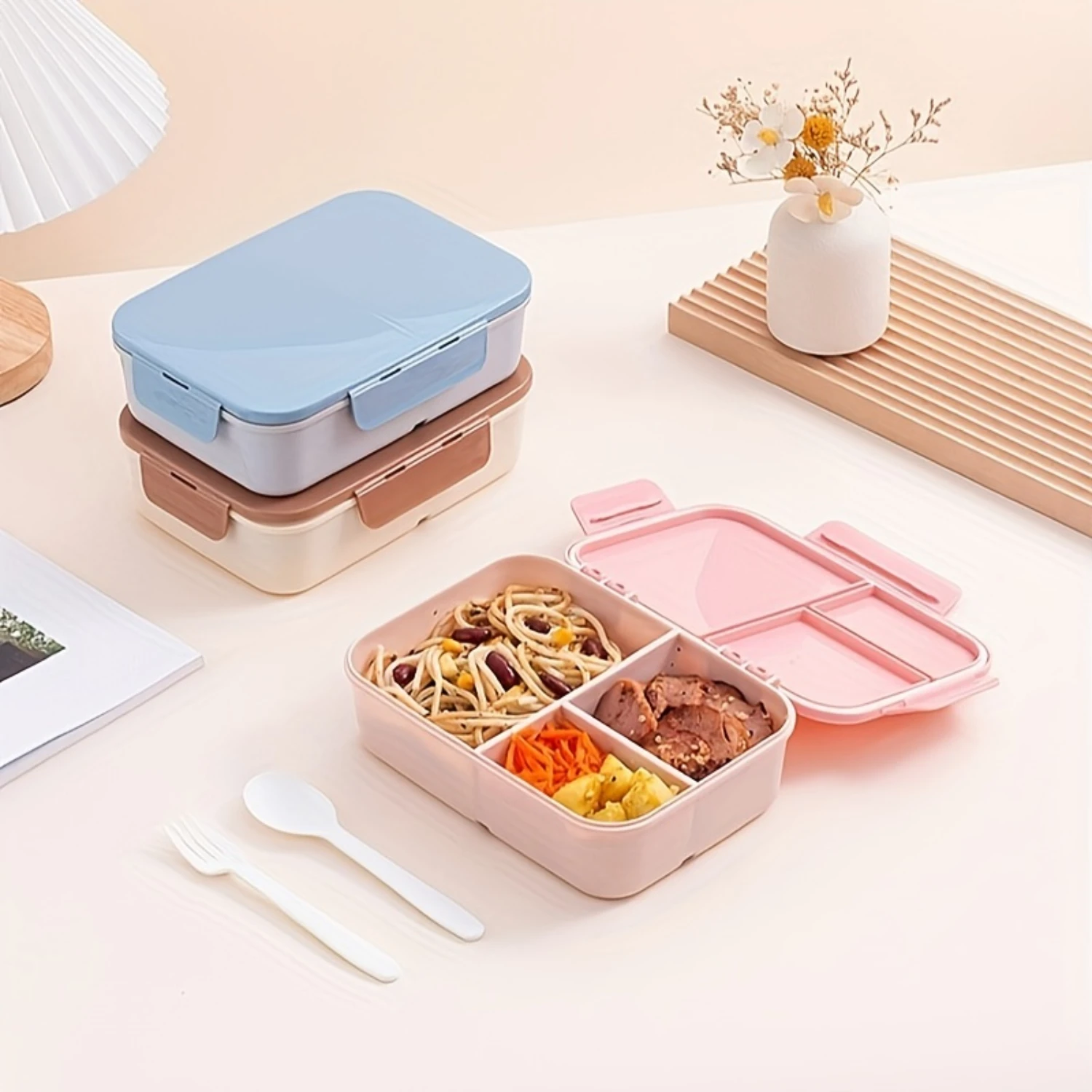 3-Compartment Foldable Bento Box - Leak-Proof, Portable & Stylish - Perfect for Students & Adults - Includes Forks & Spoons - Id