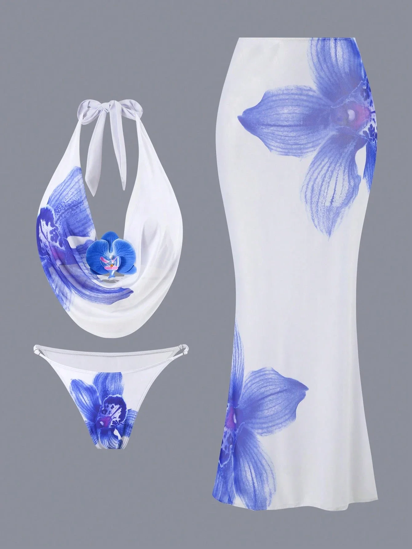 

3-Piece Floral Print Halter Deep Draped Neck Bikini Set With Skirt For Women Beach Swimwear