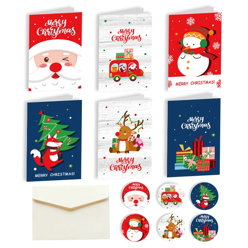 6 Sets Frohe Weihnachten-Grußkarten mit Umschlägen und Aufklebern, verschiedene Weihnachtsgeschenkkarten, Einladungskarten für Weihnachten, Feiertage, Party