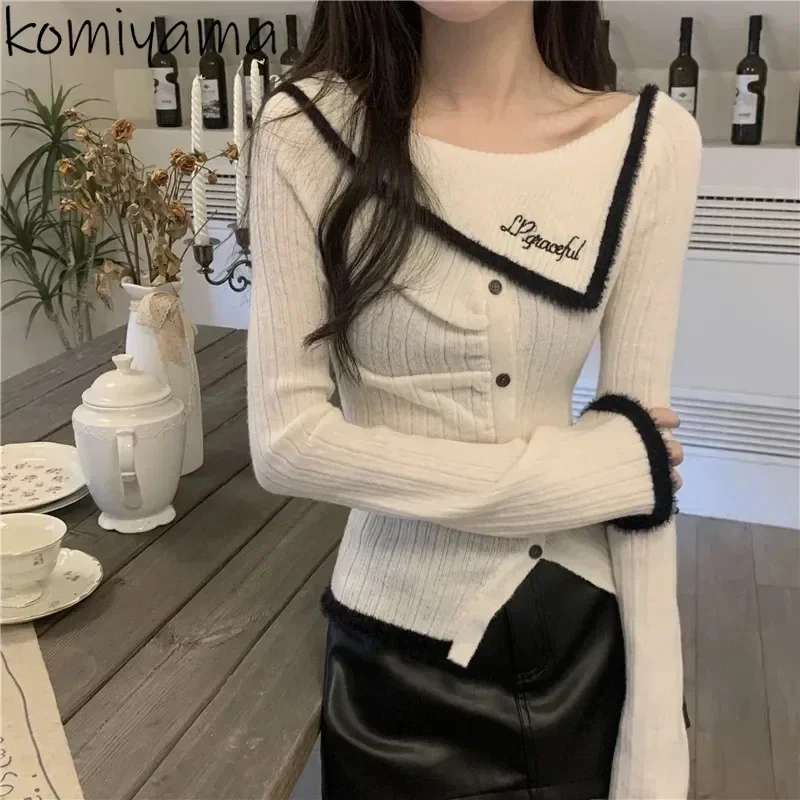 Off-shoulder Ropa Mujer 2024 Woman Sweater Long Sleeve Roupas Feminina Ruched Knitted Tops Autumn New Contrast Outerwears