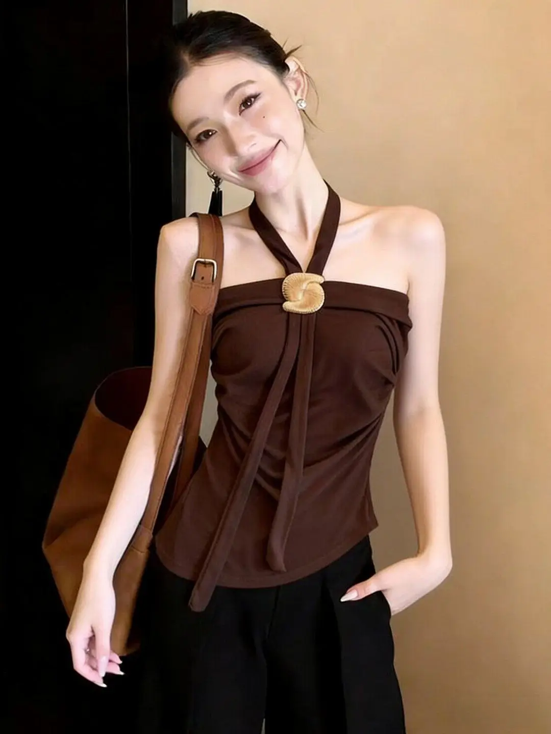 Sexy One-Shoulder Hanging Neck Sleeveless Tube Top Women's Summer New Spicy Girl Slimming Asymmetrical Top V-Neck Backless
