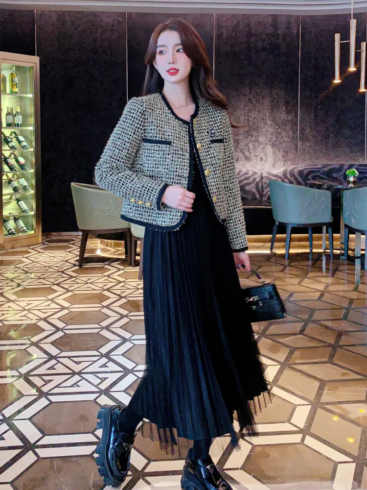 High Quality Autumn Korean Sweet Small Fragrant 2 Piece Sets Women Outfit  Elegant Fashion Tweed Jacket Coat + Long Skirt Suits